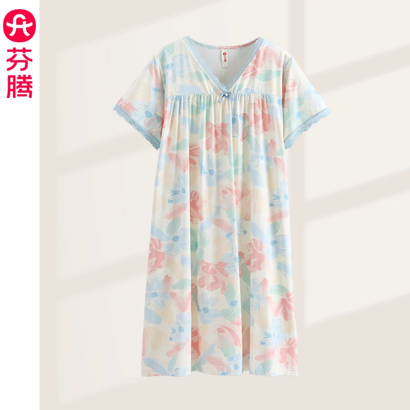 芬腾短袖睡裙2025女新款睡衣夏圆领可外穿家居服休闲甜美舒适