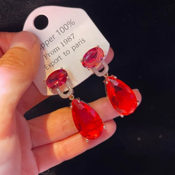 黄铜锆石耳饰 B0213红色耳环