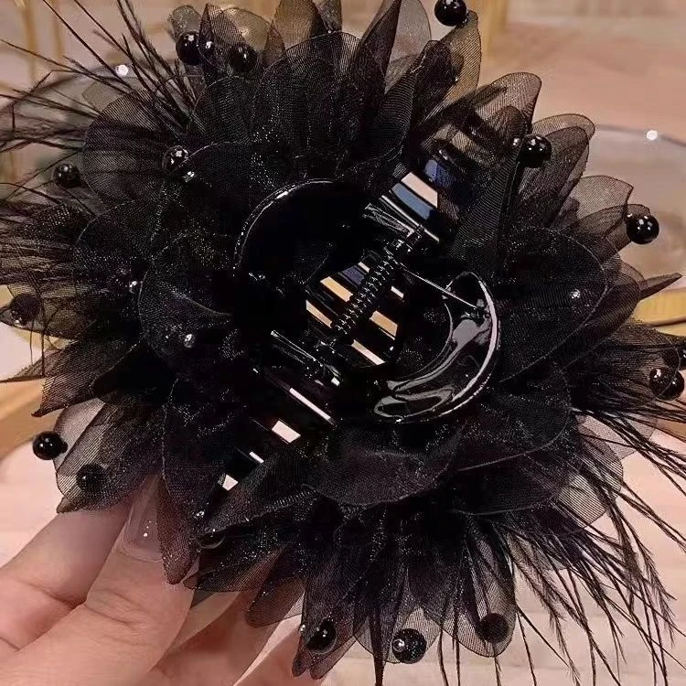 新款牡丹花羽毛花抓夹高颜值轻奢时尚鲨鱼夹抓夹气质网红百搭黑色