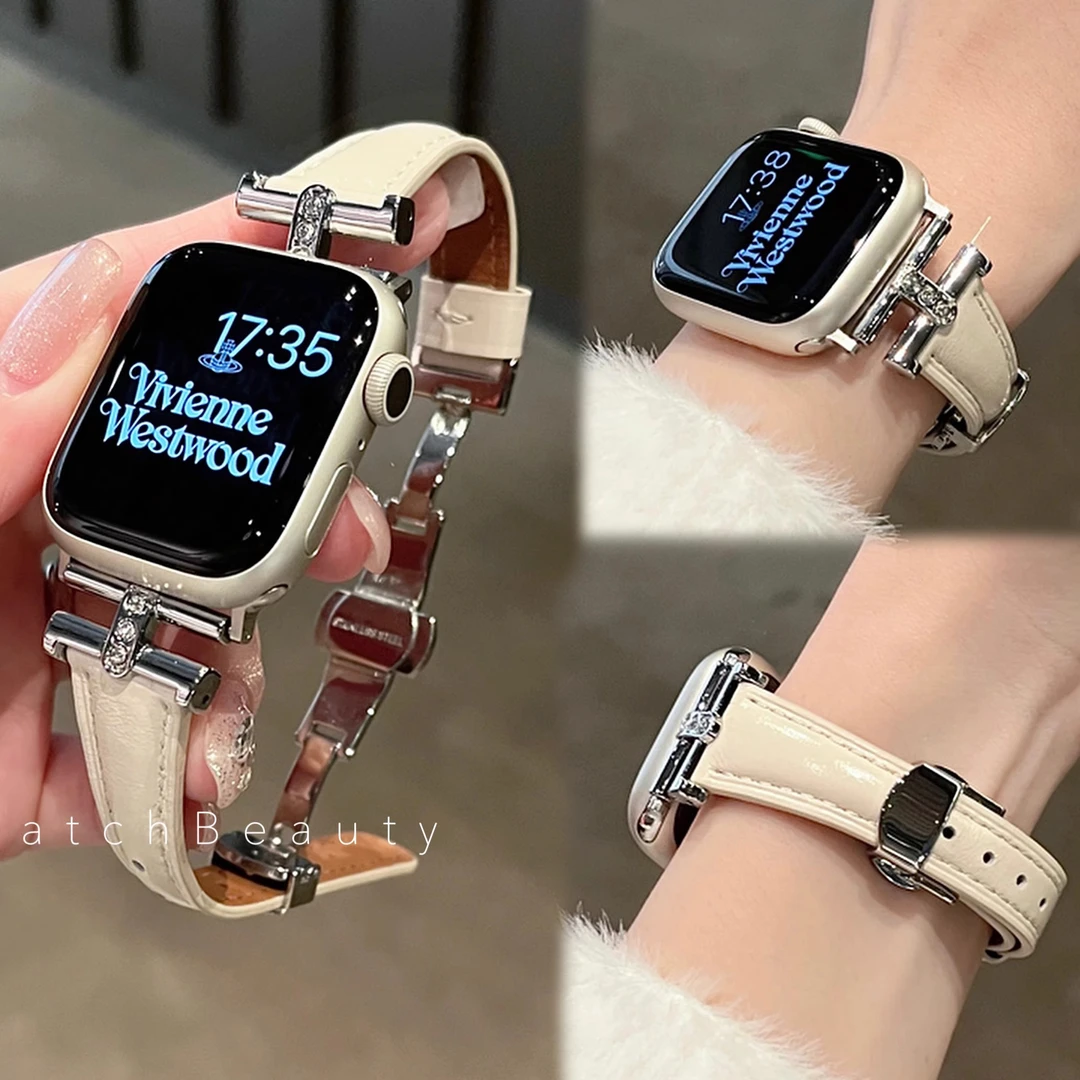 皮质凯旋门镶钻蝴蝶扣苹果手表表带适用于Apple Watch10iwatch9se