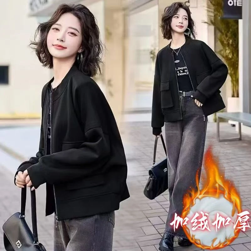 安可拉红休闲百搭立领外套女秋冬新款绒款时尚宽松百搭开衫上衣女