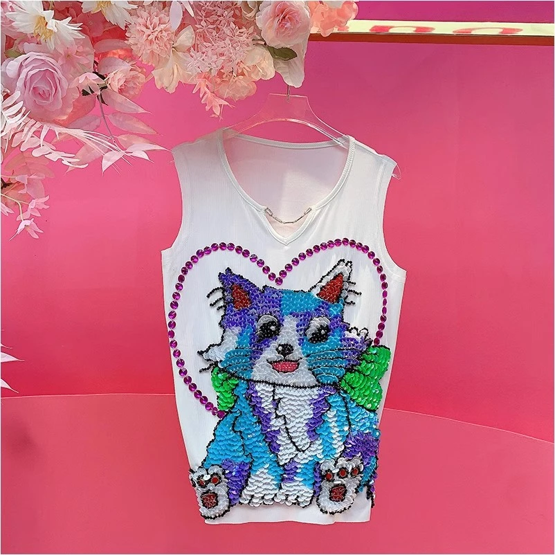 QD1238欧美设计师2025早春新款重工钉钻爱心刺绣卡通猫针织背心女