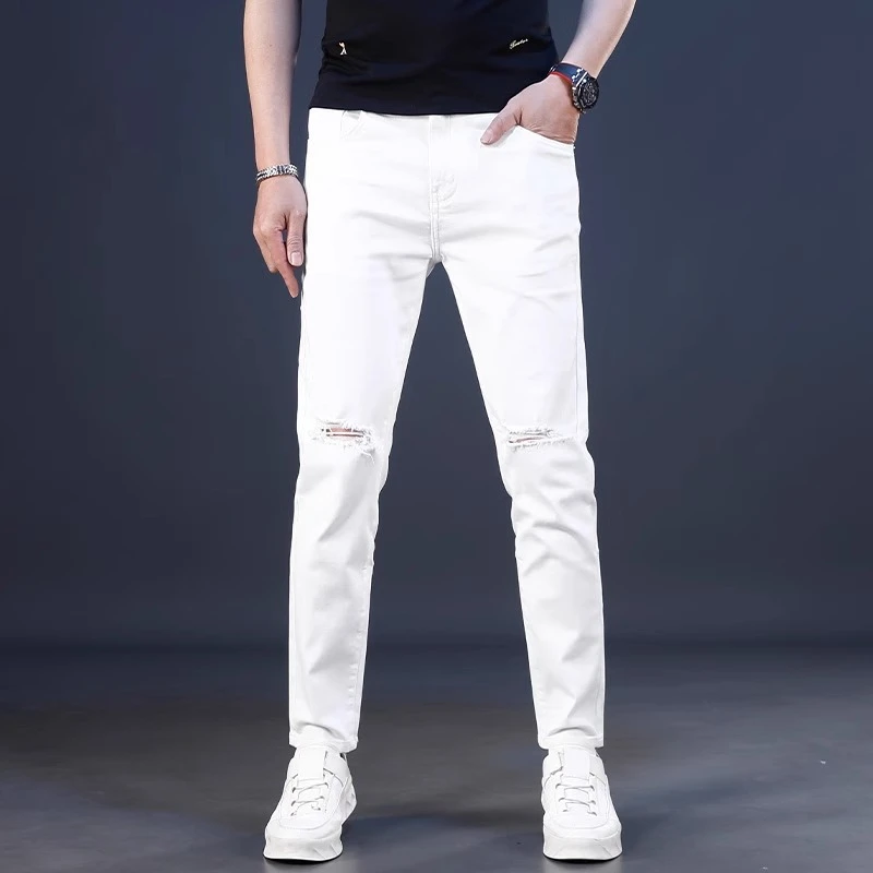 膝盖破洞痞帅白色牛仔裤男潮牌弹力修身小脚休闲个性时尚裤子夏季