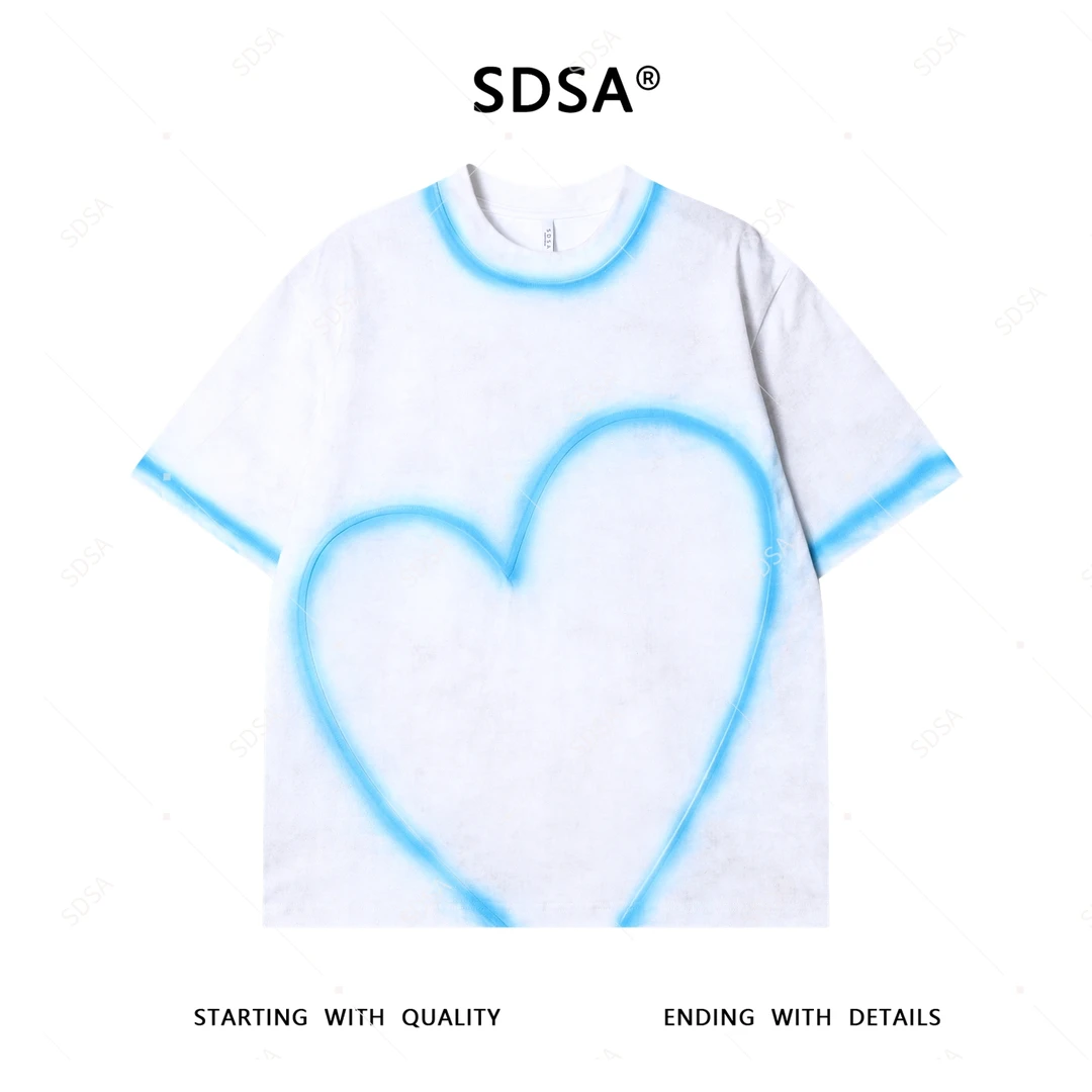 夏季高级感新款男士韩版撞色喷绘爱心设计短袖T恤简约圆领上衣