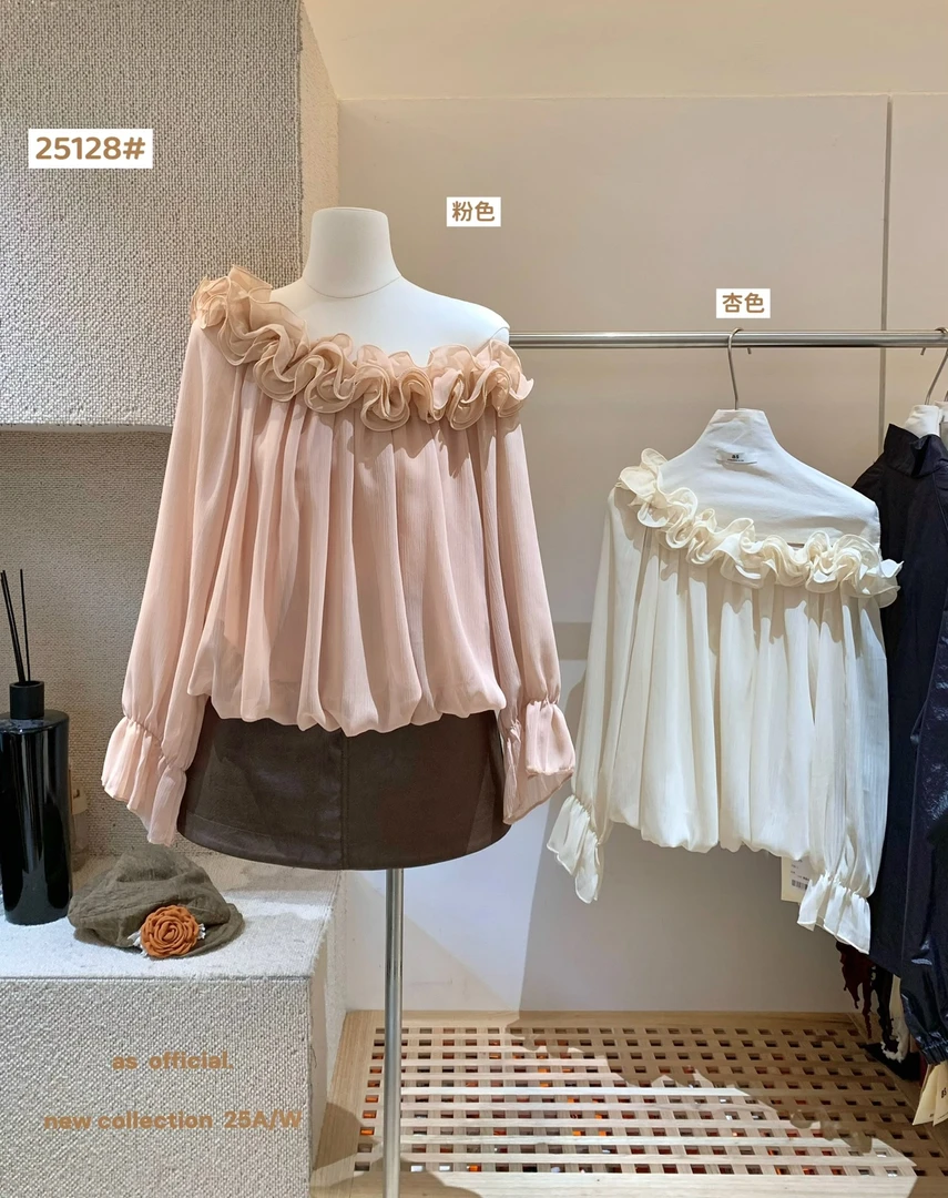 2025新款温柔甜美法式斜肩衬衣早秋季单穿长袖雪纺衫衬衫上衣女潮