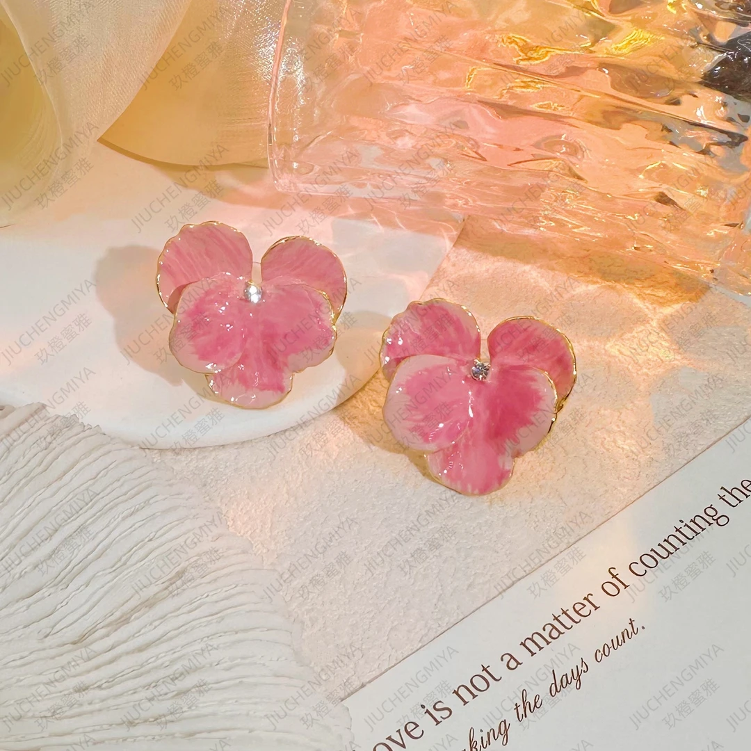 铜合金合成锆石耳饰 桃夭S886 百搭渐变甜美花朵粉红色复古女耳环