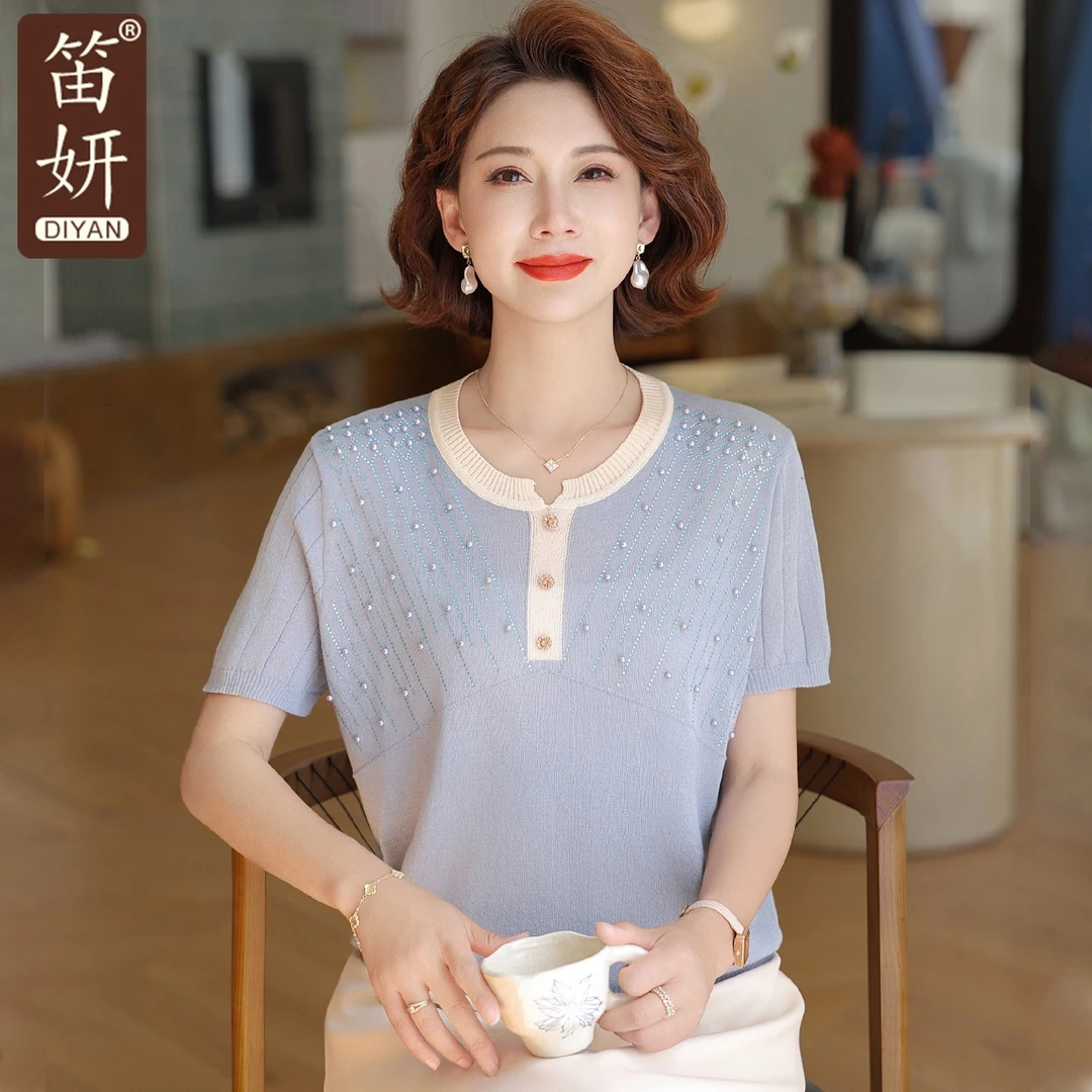 新款妈妈夏装上衣针织冰丝短袖T恤中老年女装夏季气质圆领薄小衫