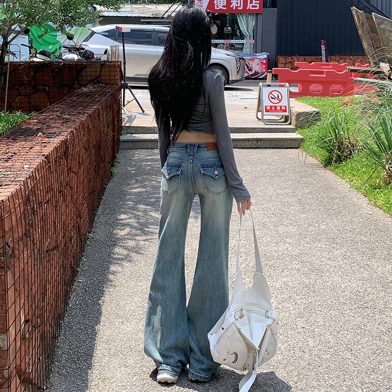 加厚款窄版直筒喇叭牛仔裤女秋冬款不贴腿修身显瘦辣妹设计感裤子