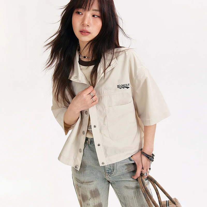 NO ONE ELSE美式复古女装字母夏季短款口袋短袖机能夹克翻领外套