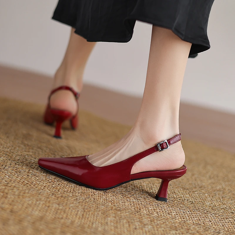 牛皮/5公分 方头细跟真皮高跟鞋女 后空单鞋一字带红色包头凉鞋