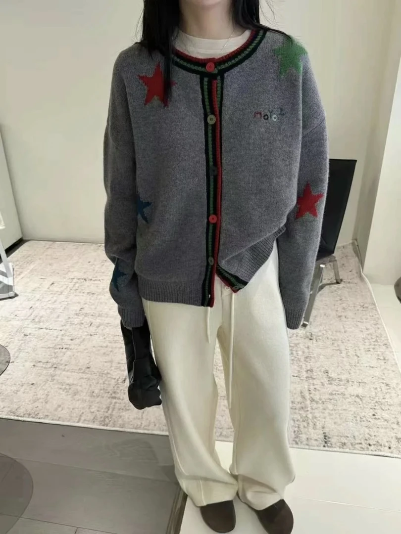 韩系星星撞色提花设计感针织毛衣开衫9536