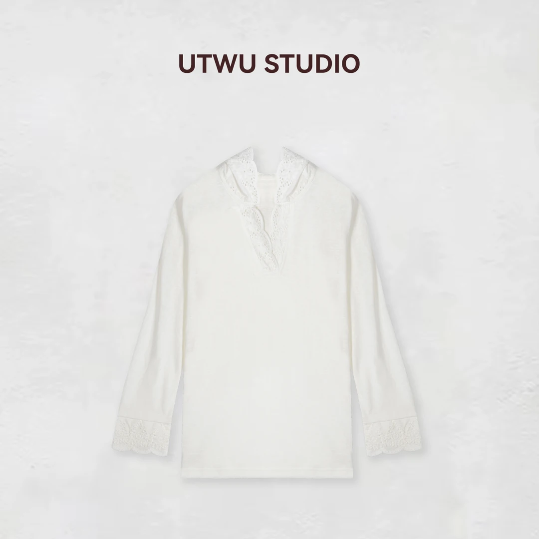 UTWU小敏「春日松弛」竹节棉混纺拼镂空小众连帽长袖T恤S25T1027