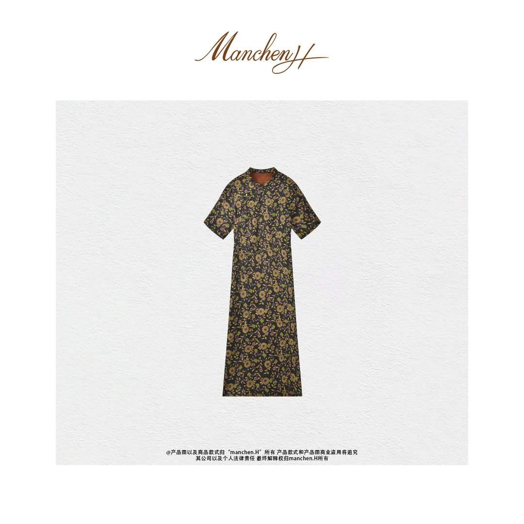 曼辰manchenh"生如夏花"重磅红云纱花萝100桑蚕丝连衣裙