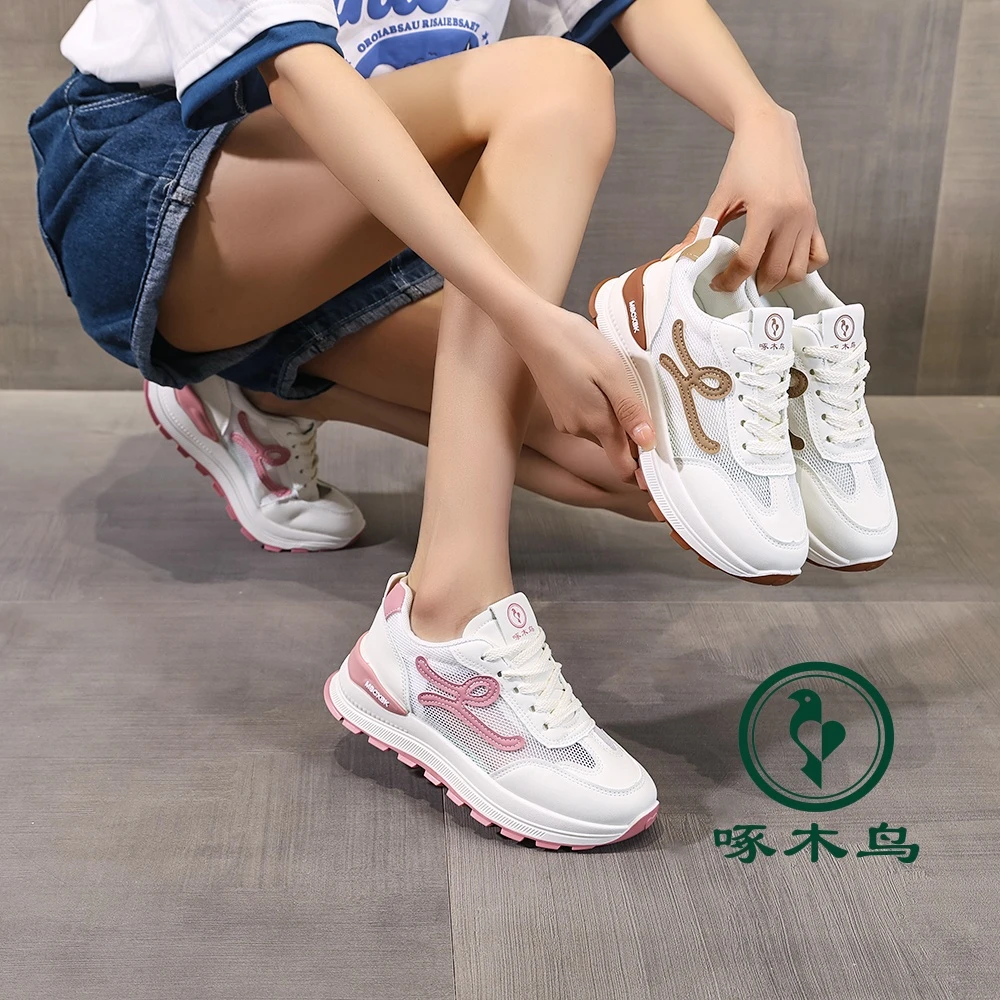 啄木鸟真皮女鞋2025夏季网面厚底时尚百搭轻便运动休闲鞋