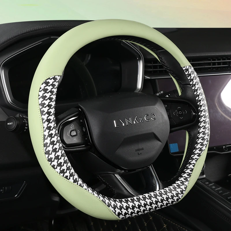 新款千鸟格方向盘套小清新配色皮革防滑透气四季通用汽车内饰用品