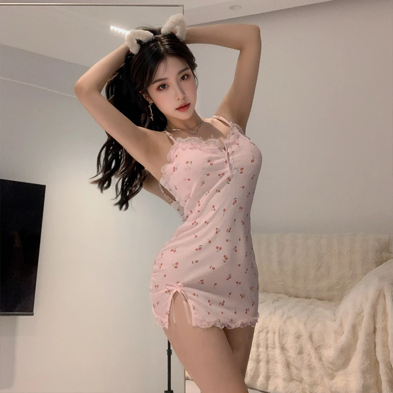月夜性感小樱桃纯欲风可拆卸胸垫款吊带裙甜美诱惑可爱蕾丝边睡裙