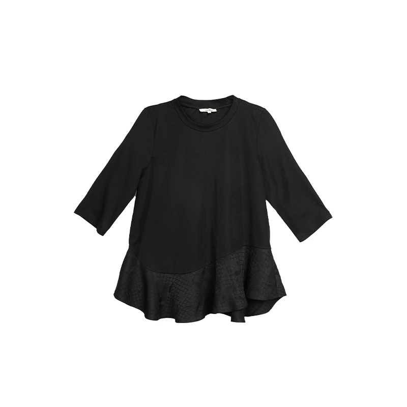 吉丘古儿凡鸟七分袖圆领上衣打底衫荷叶边纯色百搭T恤F233Y003
