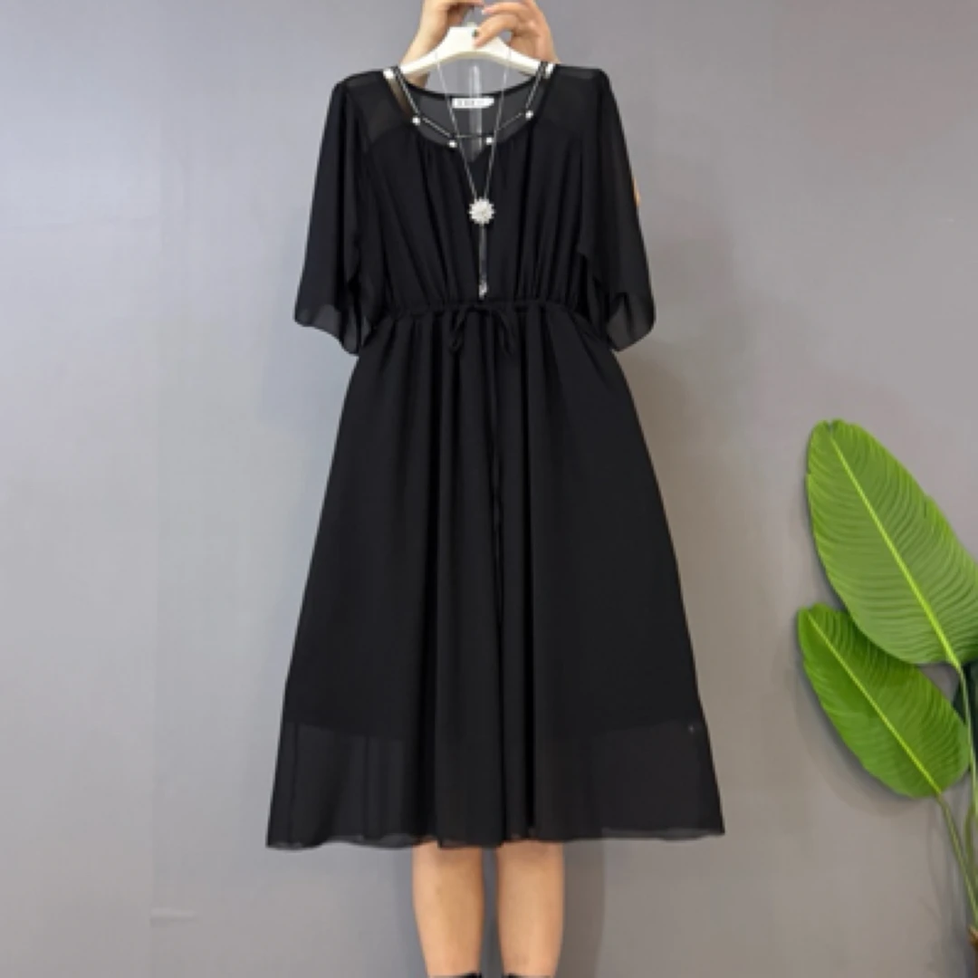 夏季新款大码拼接法式气质宽松圆领高弹力喇叭袖连衣裙