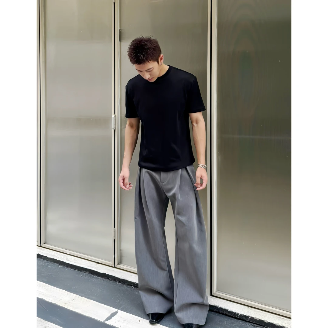 CHAOFFF立体A字廓形双层褶皱弯刀西裤时髦通勤cleanfit休闲长裤