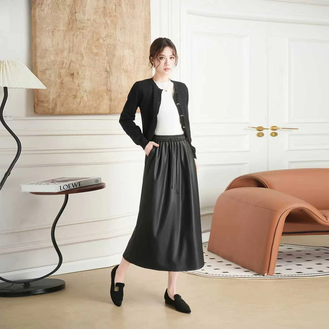 1905【光泽亮人-裙摆生风】秋冬新款加绒PU蛋白皮裙！