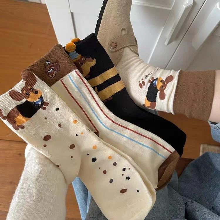 腊肠狗卡通袜子女韩系ins折叠两穿春夏季吸汗学院风中筒袜秋L