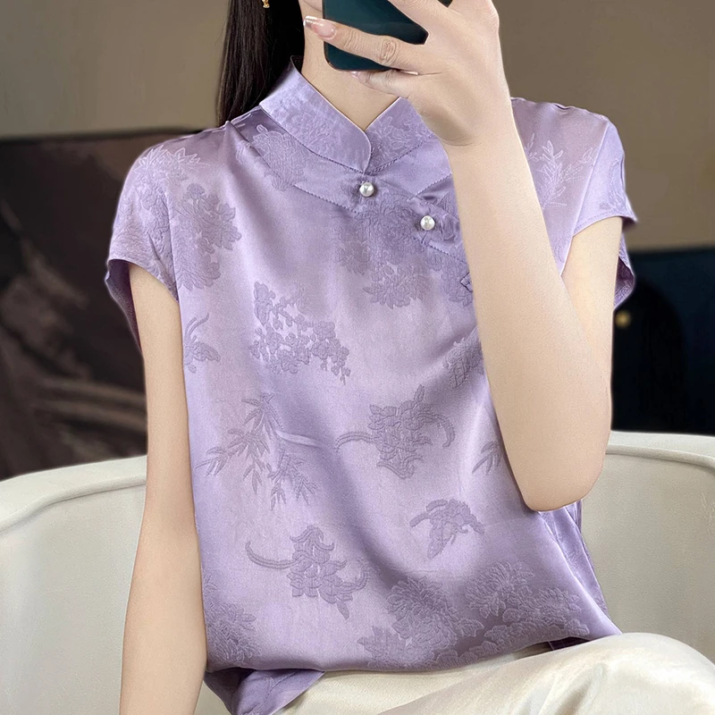 新中式国风盘扣立领提花短袖衬衫女醋酸缎面气质旗袍上衣优雅衬衣