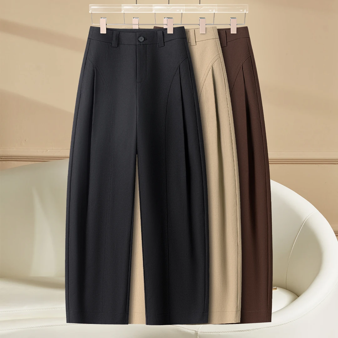 舒柔特直筒弯刀休闲西裤女2025秋季新款松紧腰宽松垂感柔软西装裤