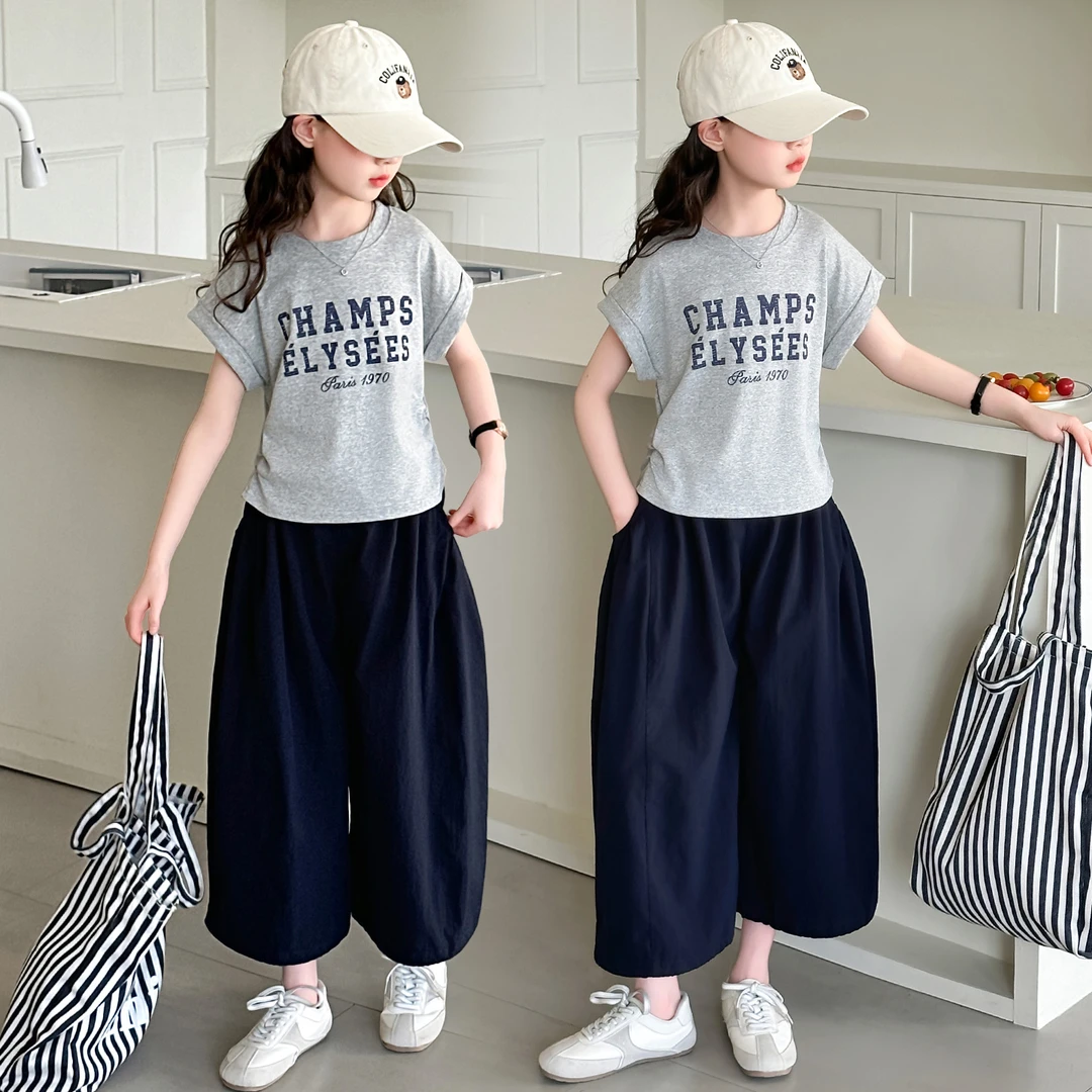 女童夏季套装2025新款儿童洋气时髦字母印花短袖T恤九分裤两件套