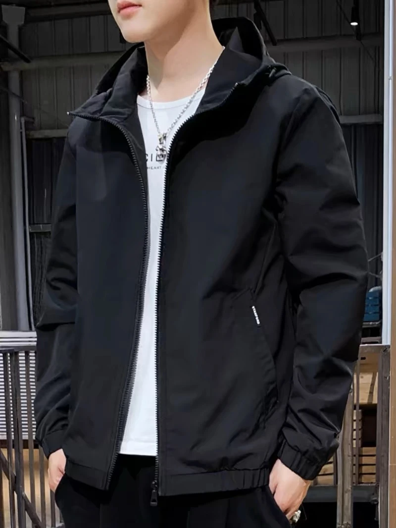 连帽夹克男士时尚休闲百搭透气黑色男款夹克薄款潮流帅气