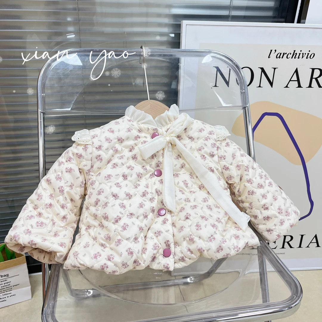 【小香风】女童冬款25紫色碎花蕾丝蝴蝶结洋气保暖棉服YR-R-D008