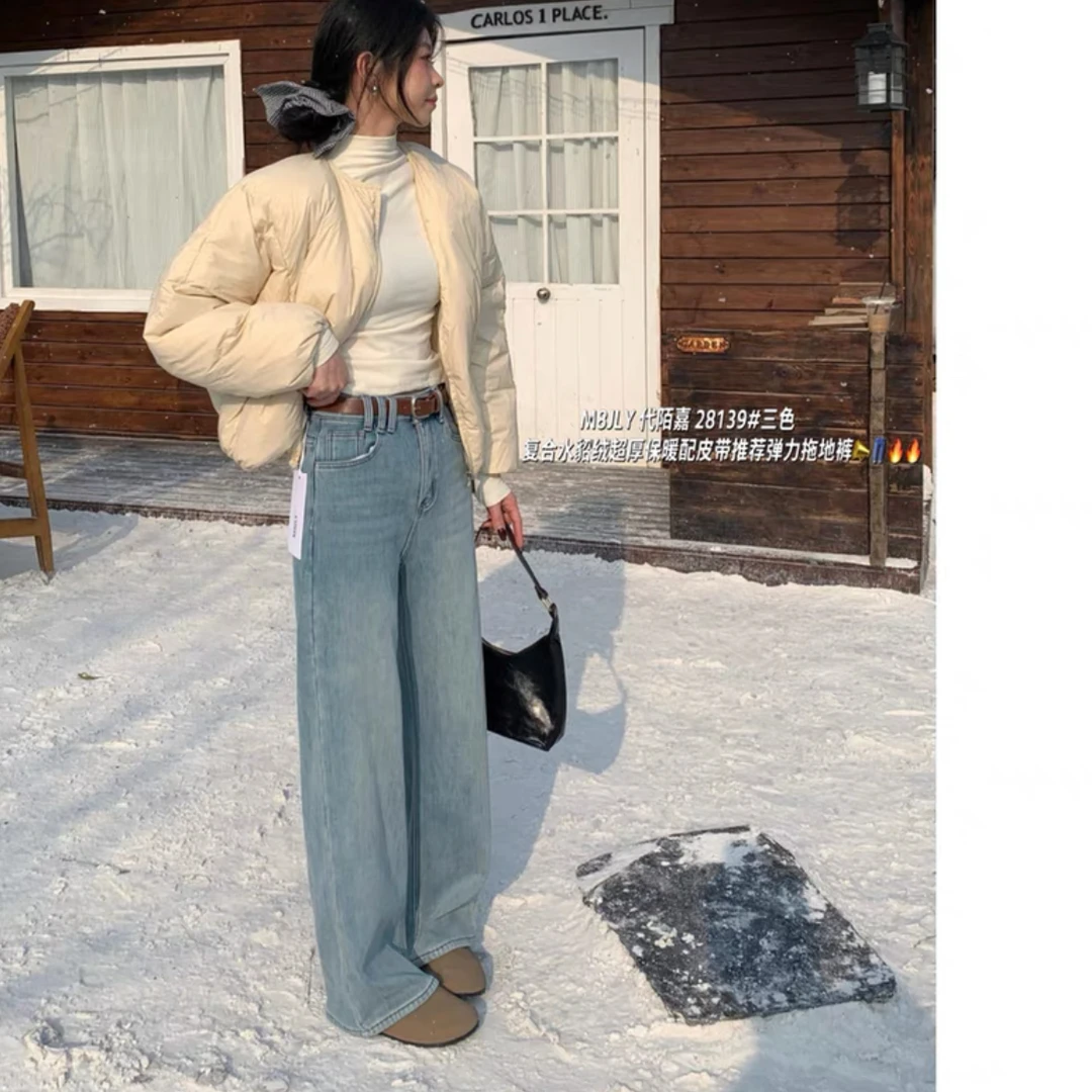 蓝舟女生阔腿牛仔裤（加绒，巨柔软）