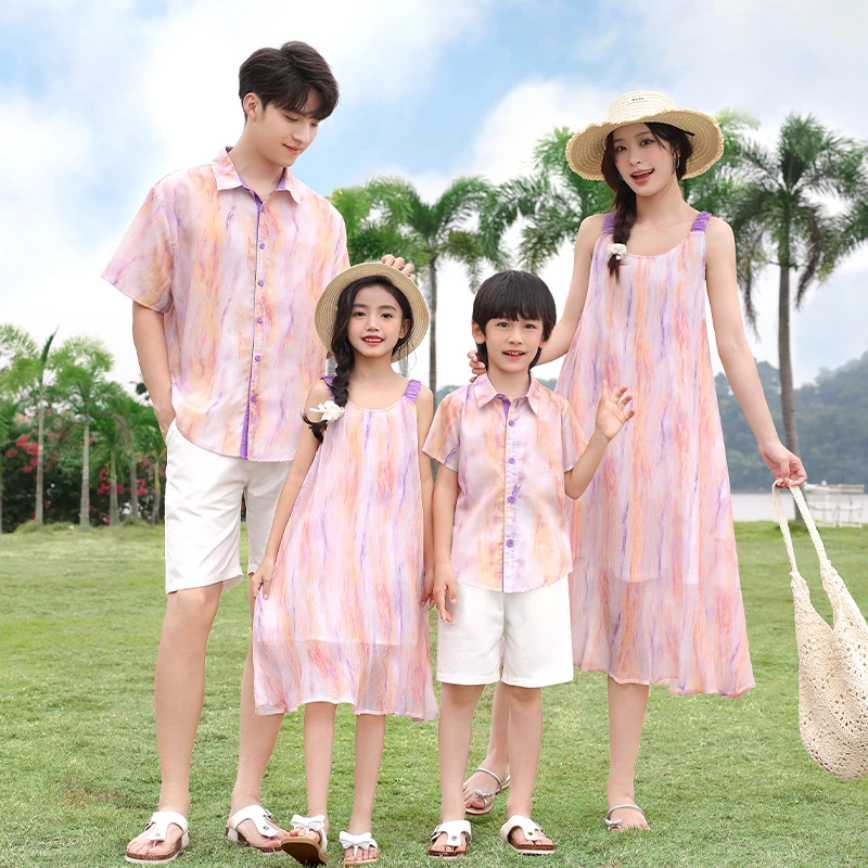 亲子装一家三口男衬衫套装三亚海边度假沙滩裙吊带超仙女连衣裙子