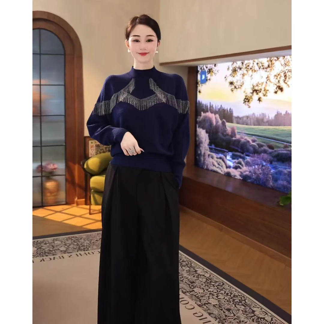 2025秋冬新款【LT-1278JR】含绵羊毛洋气流苏设计蓝色针织衫毛衣女