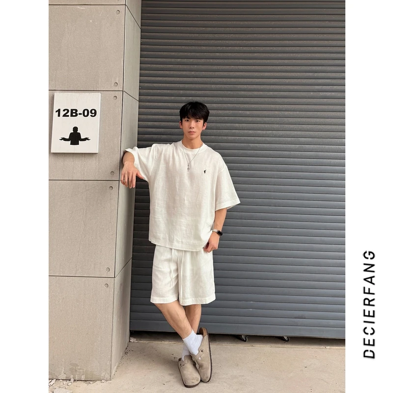 【亚麻套装】25夏日老钱风小标极简天丝亚麻贵气短袖短裤套装男潮