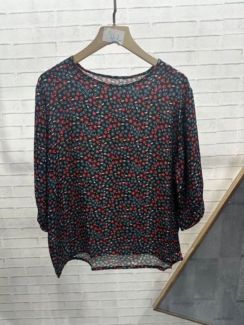 QC 印花透气百搭修身气质减龄圆领100%桑蚕丝上衣m73