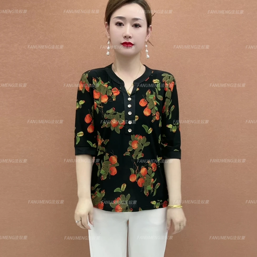 826-4夏季大码气质女装减龄休闲中老年妈妈装时尚七分袖中袖上衣
