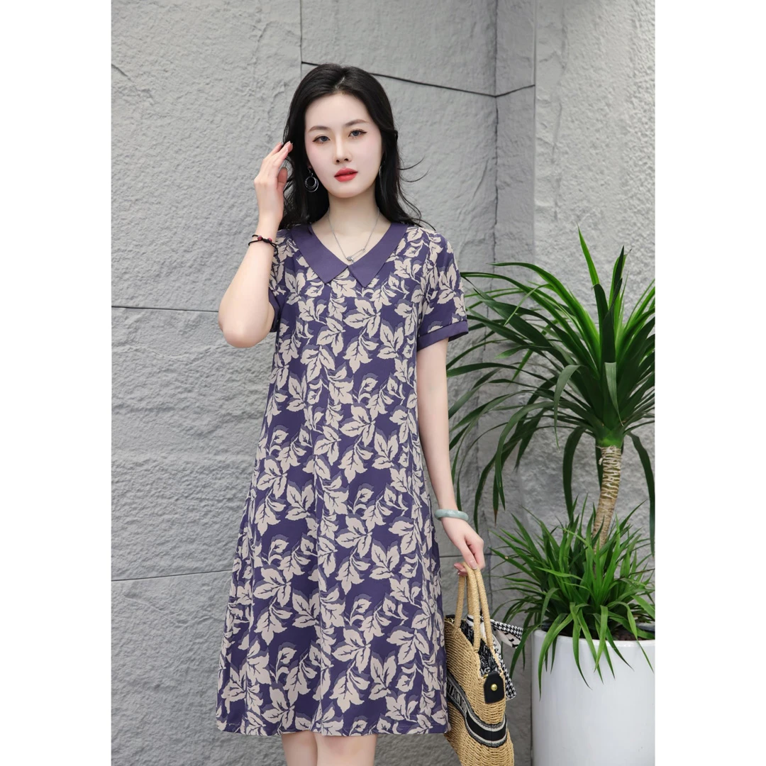 夏季新款时尚树叶印花宽松显瘦复古娃娃领短袖连衣裙