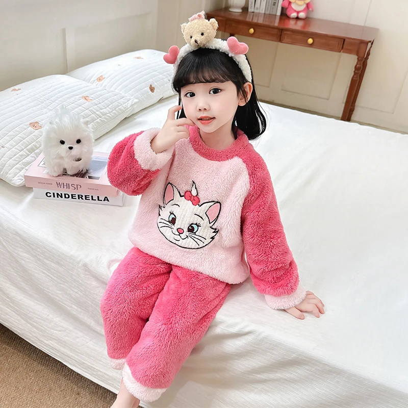 女童加厚睡衣秋冬法兰绒儿童卡通保暖家居服分体套装女孩珊瑚绒冬