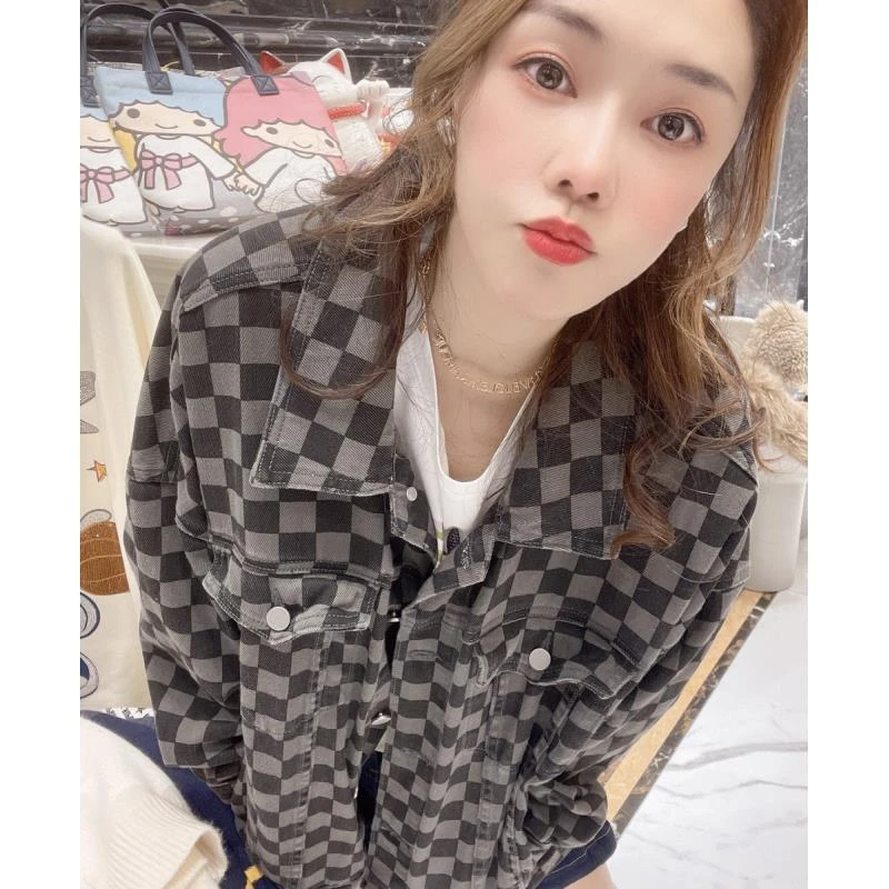 【棋盘格牛仔外套8003短款】牛仔外套女秋冬女装炸街宽松牛仔衣