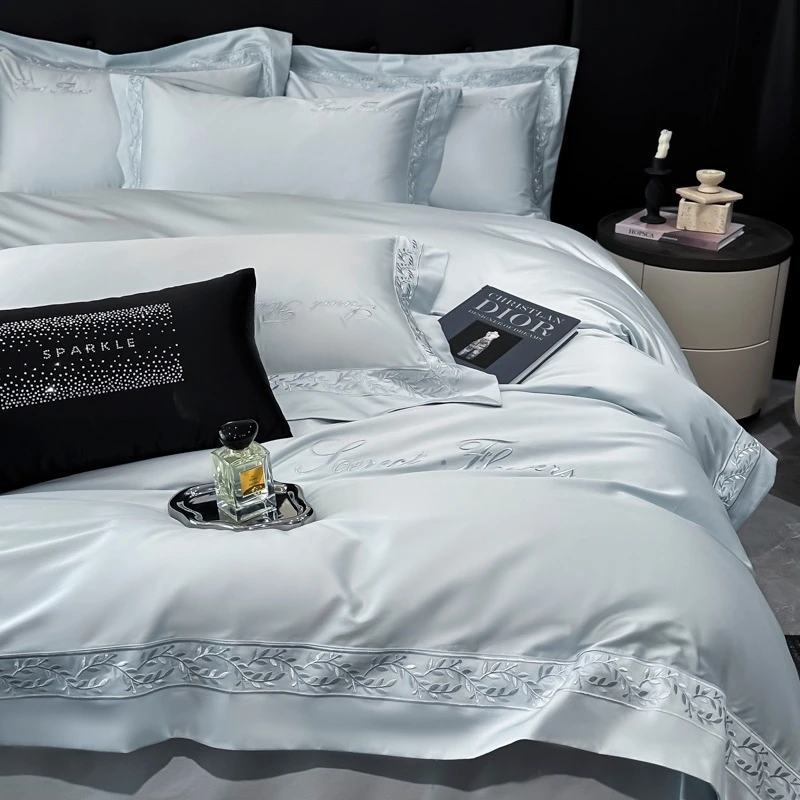 2025新款轻奢A类长绒棉刺绣被套亲肤裸睡床笠款四件套