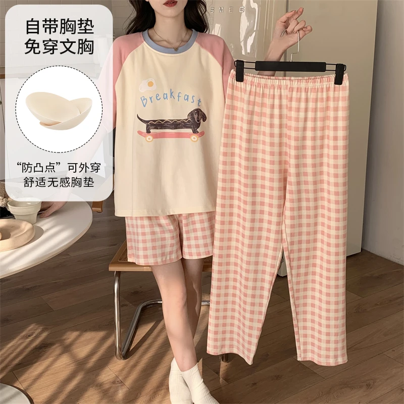 睡衣女夏季带胸垫三件套薄款短袖卡通短裤长裤舒适可爱学生家居服