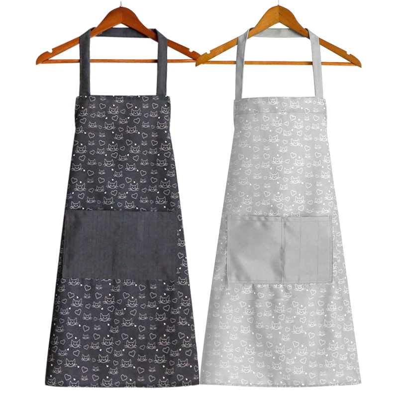 北欧棉围裙家用厨房猫印花透气防污女日式做饭清洁无袖工作服挂脖