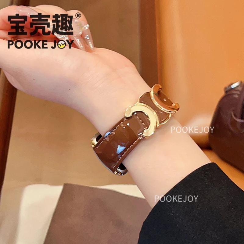 宝壳趣适用苹果applewatch11双C亮面表带s10真皮磁吸表带s9/s8秋
