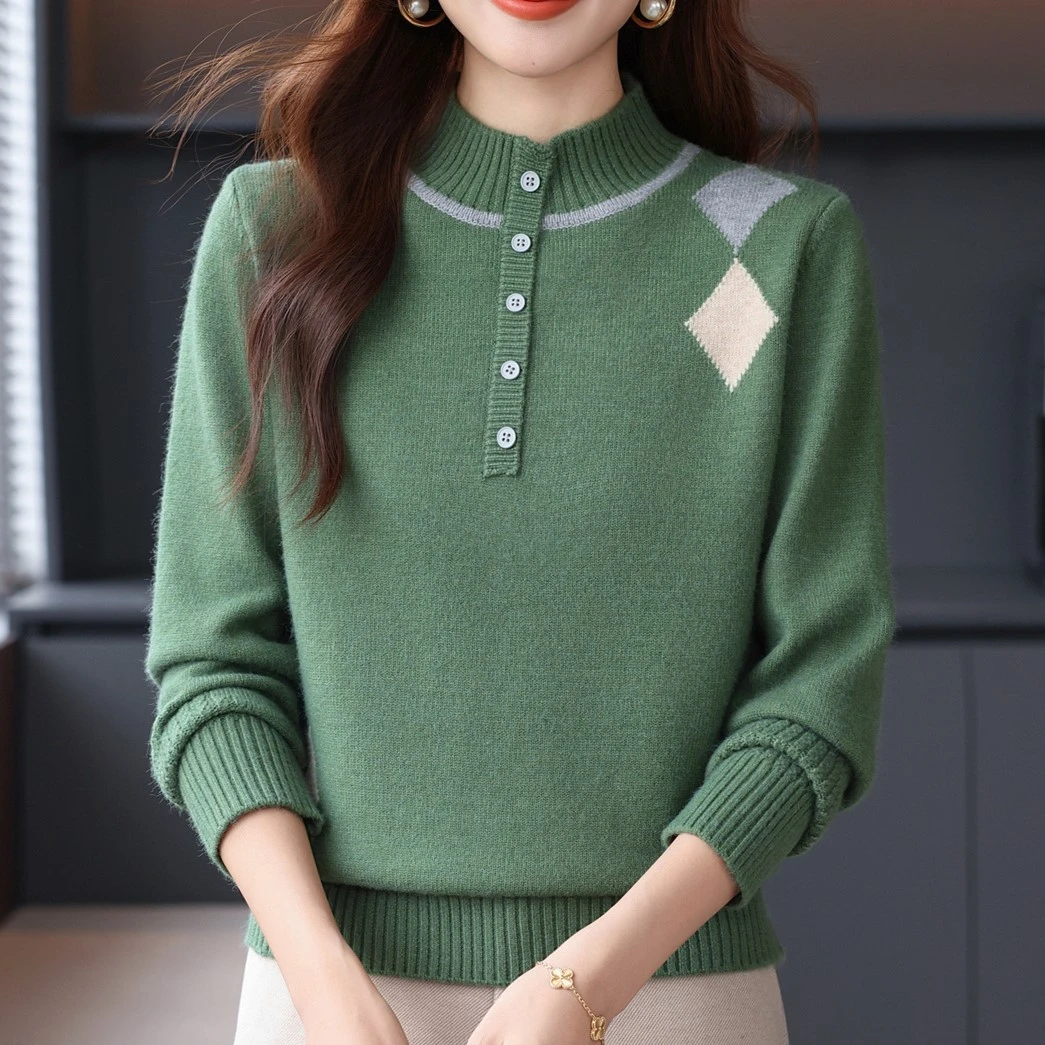 秋冬女士加厚圆领长袖百搭时尚宽松显瘦洋气套头毛针织衫