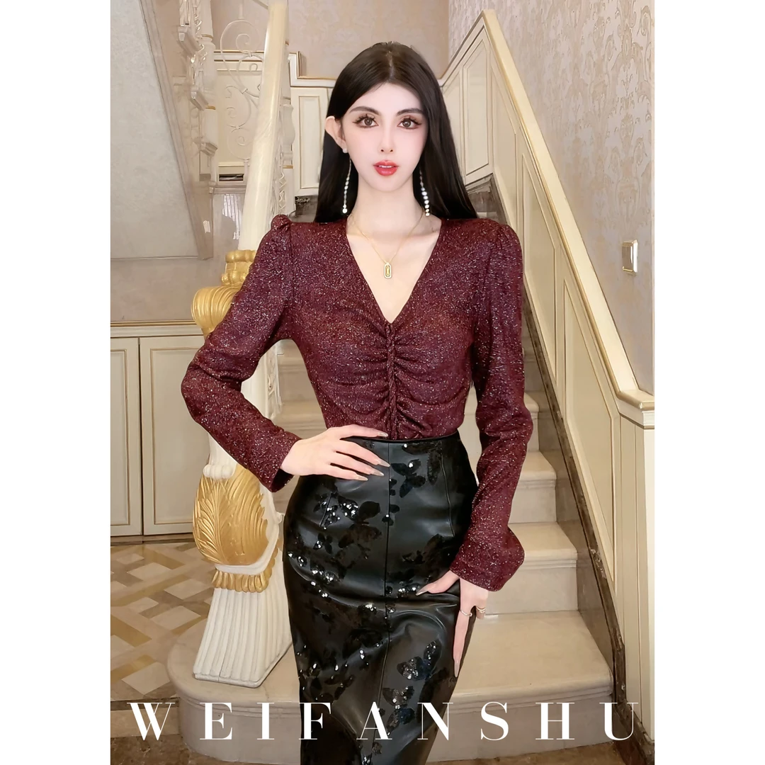 WEIFANSHU/魏凡舒【暮光日记】早春新款V领洋气百搭长袖显瘦上衣