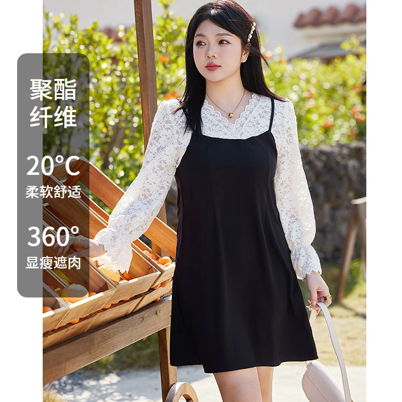 绮娑大码女装春新款法式连衣裙显瘦胖mm蕾丝拼接假两件垂坠感裙子
