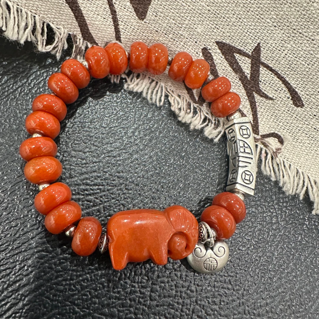 S12163<晶贵坊>s925银红翡大象福字锁福字方形弯管弹力手串多样发