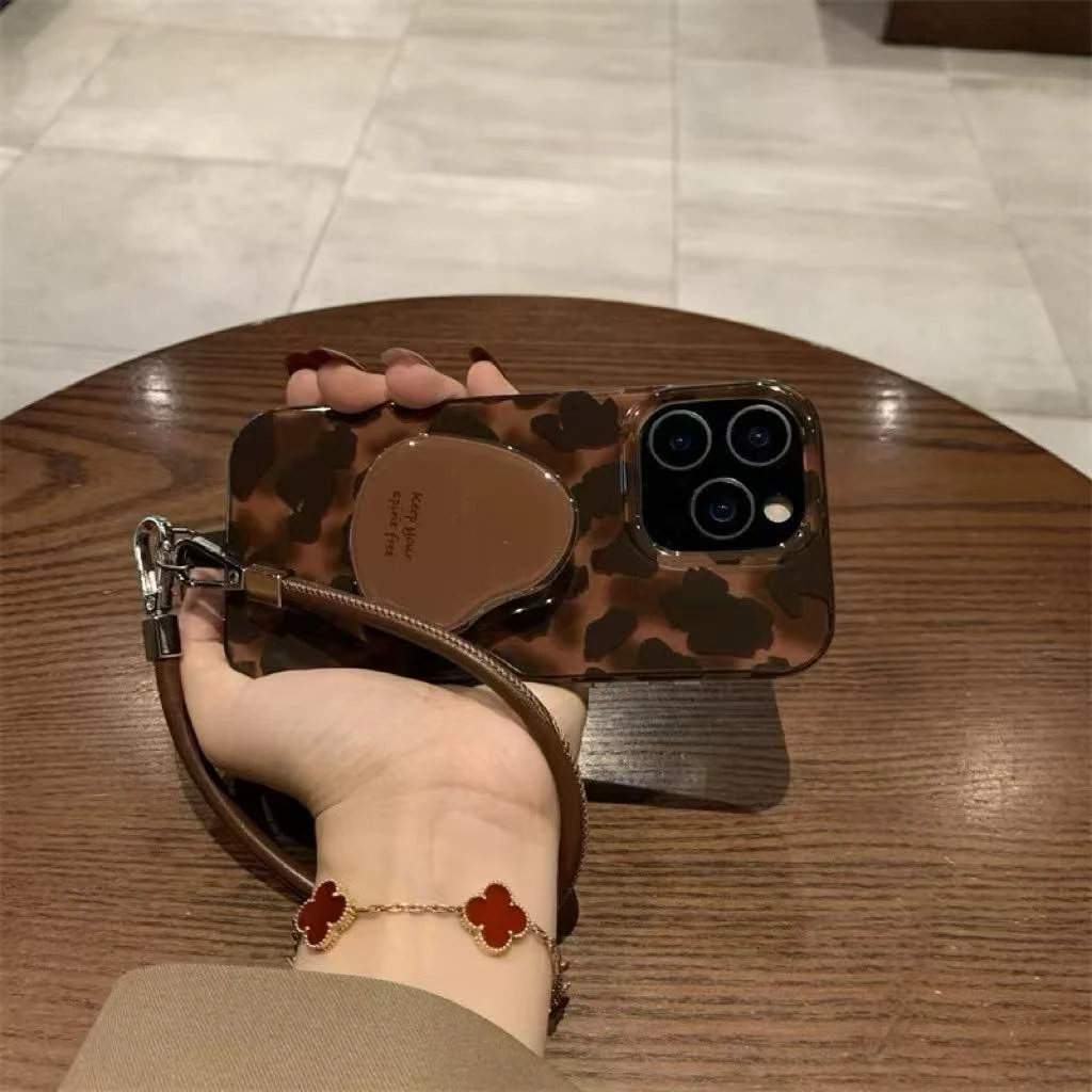 新款棕色琥珀豹纹适用苹果16promax手机壳iPhone15pro几何支架14
