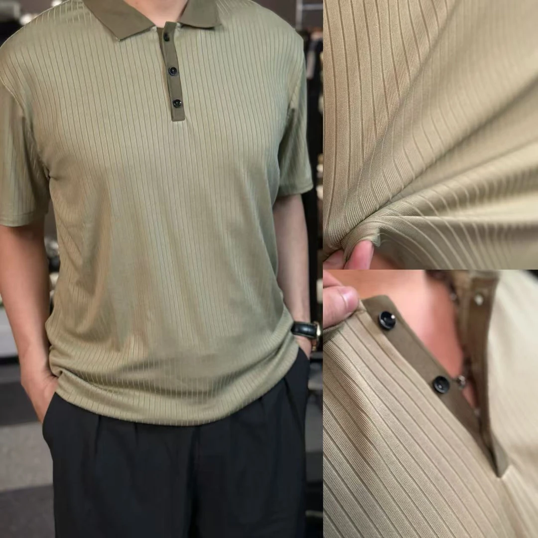 29819-肌理感竖条纹三纽扣polo衬衫