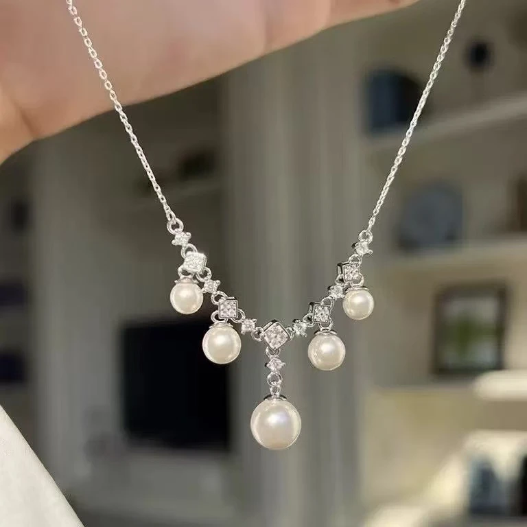 钛钢项链 气质白色轻奢时尚银色镶嵌气质珠珠素款